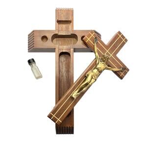 1970s Vintage Wooden Brass Catholic Last Rite Sick Call Crucifix Hanging Cross